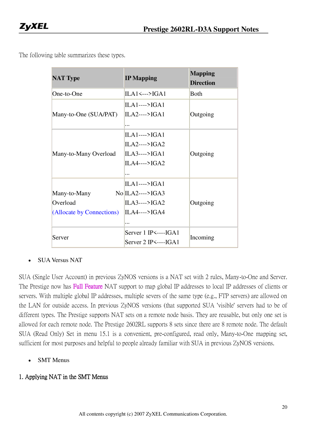 ZyXEL Communications 2602RL-D3A manual Following table summarizes these types, NAT Type IP Mapping Direction 