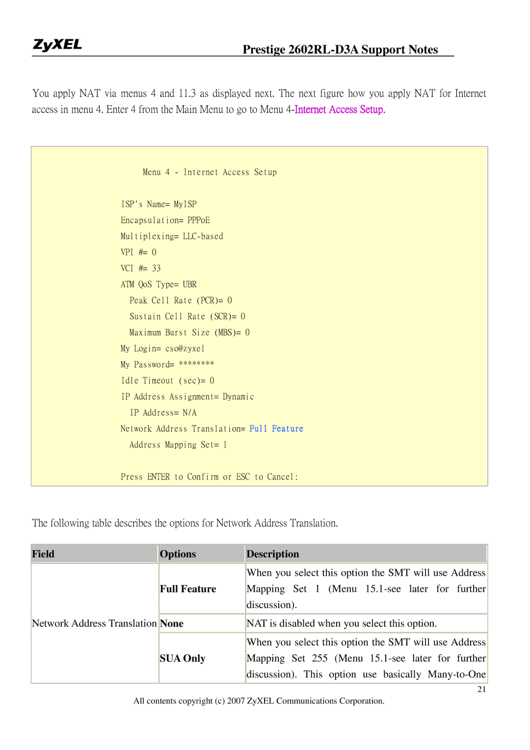 ZyXEL Communications 2602RL-D3A manual Field Options Description, Full Feature, None, SUA Only 