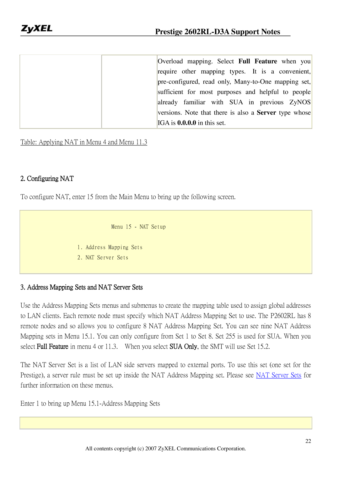 ZyXEL Communications 2602RL-D3A manual Table Applying NAT in Menu 4 and Menu, Configuring NAT 