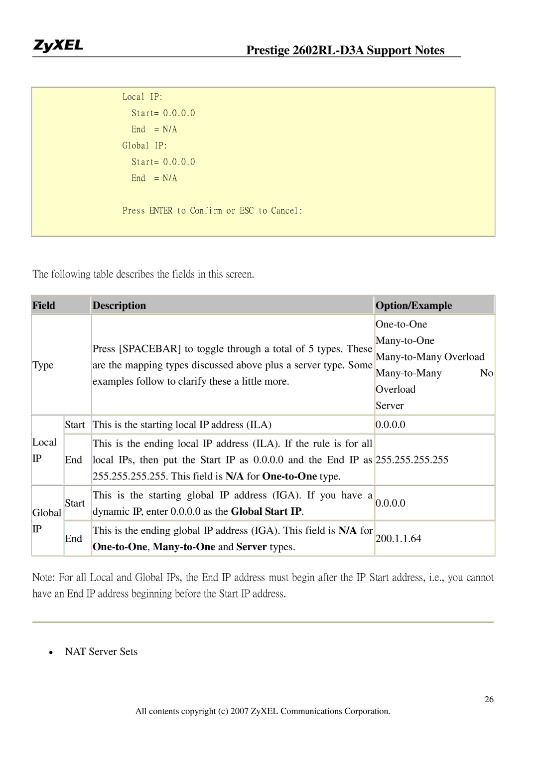 ZyXEL Communications 2602RL-D3A manual Following table describes the fields in this screen 