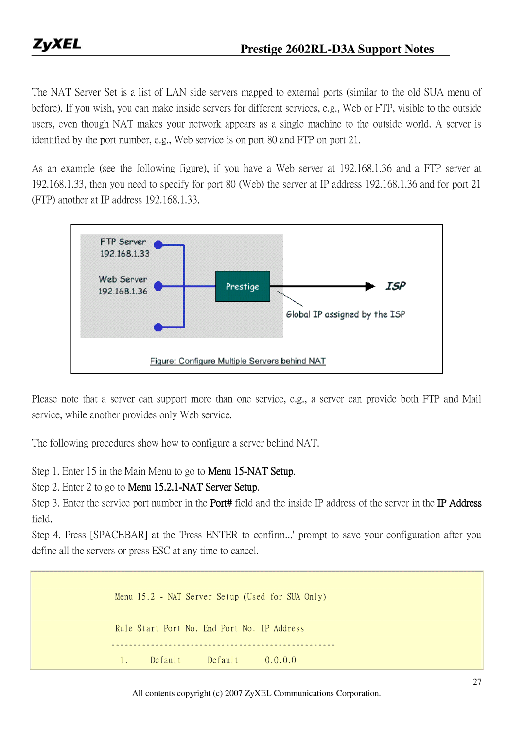 ZyXEL Communications 2602RL-D3A manual Enter 2 to go to Menu 15.2.1-NAT Server Setup 