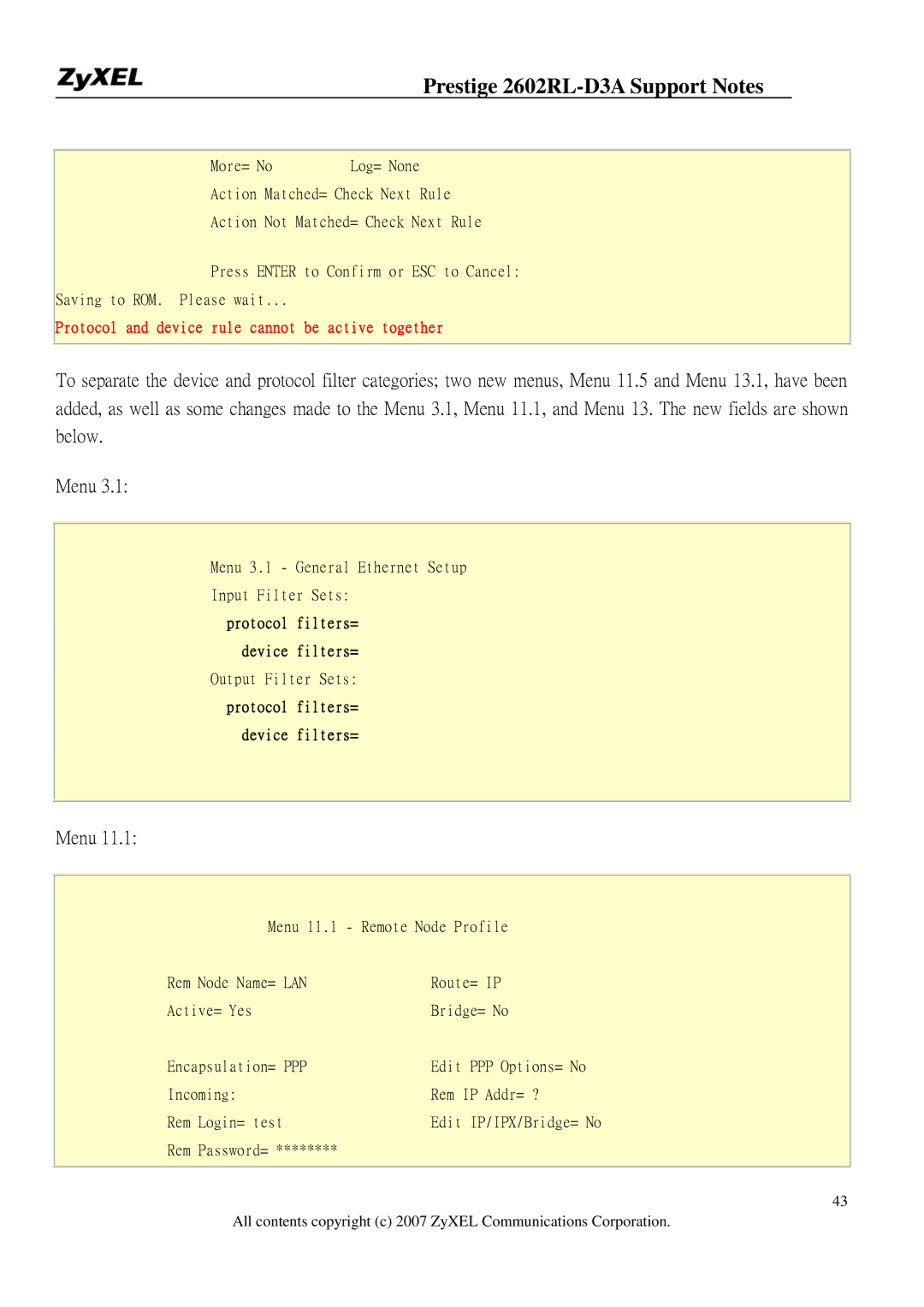 ZyXEL Communications 2602RL-D3A manual Protocol and device rule cannot be active together 