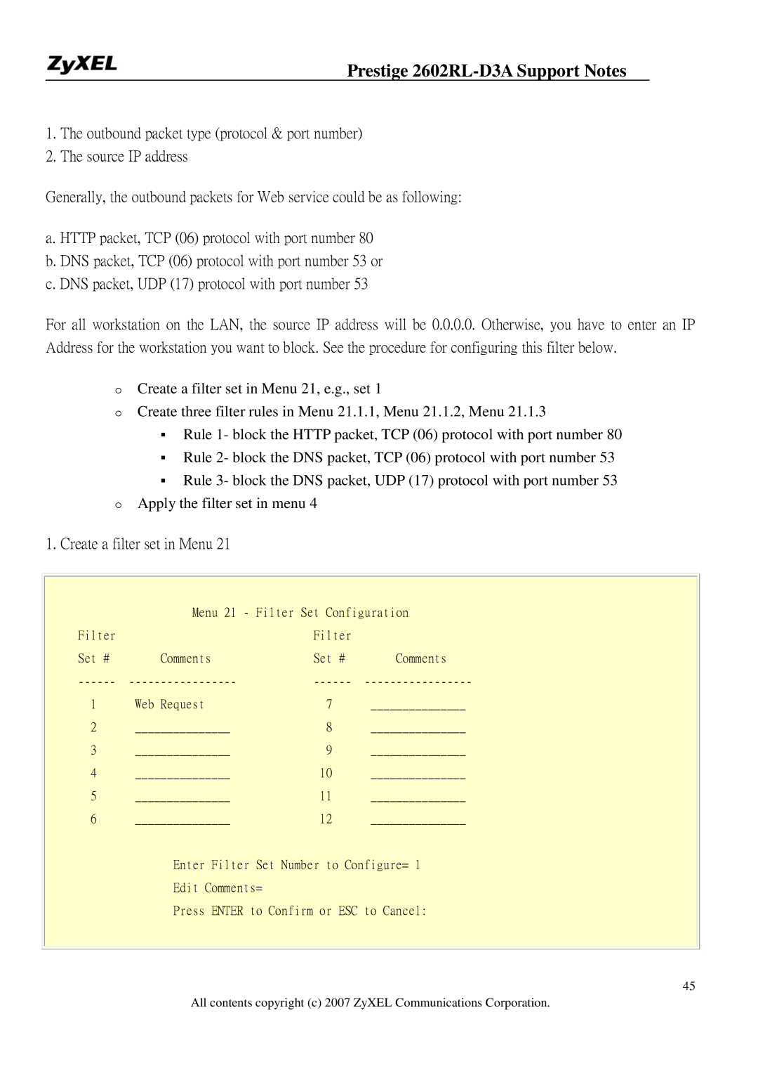 ZyXEL Communications 2602RL-D3A manual Create a filter set in Menu 