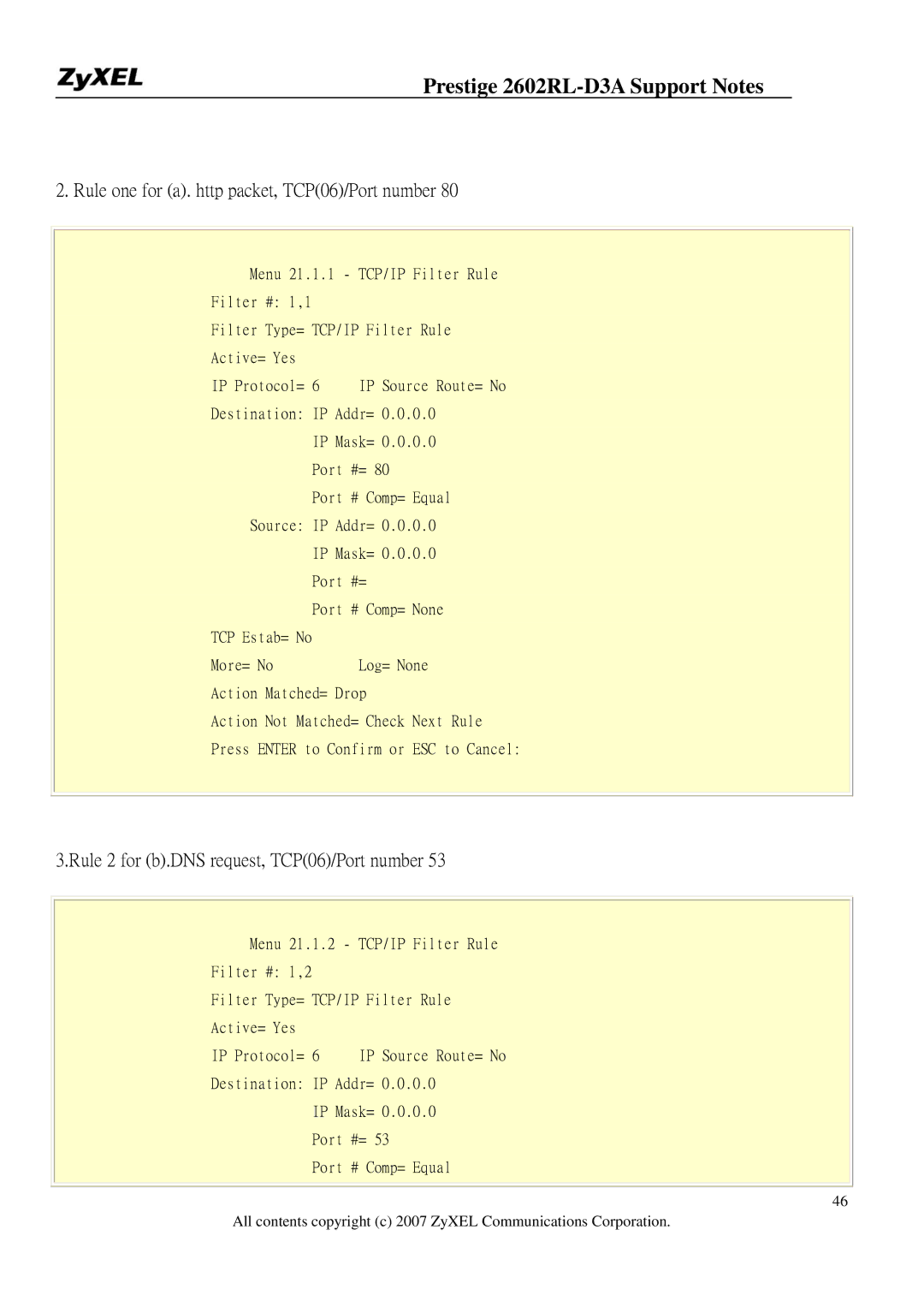 ZyXEL Communications 2602RL-D3A manual Rule one for a. http packet, TCP06/Port number 