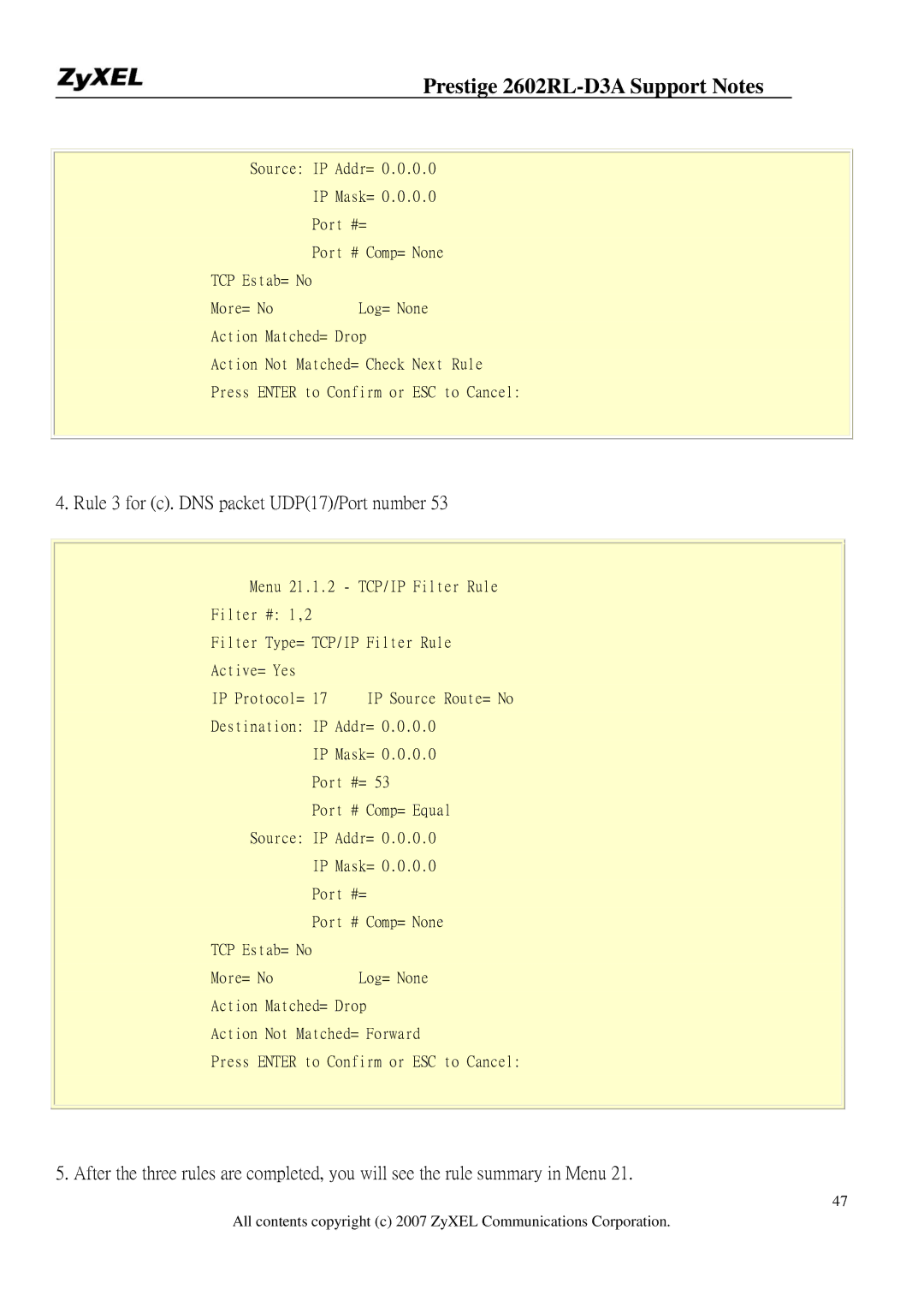 ZyXEL Communications 2602RL-D3A manual Rule 3 for c. DNS packet UDP17/Port number 