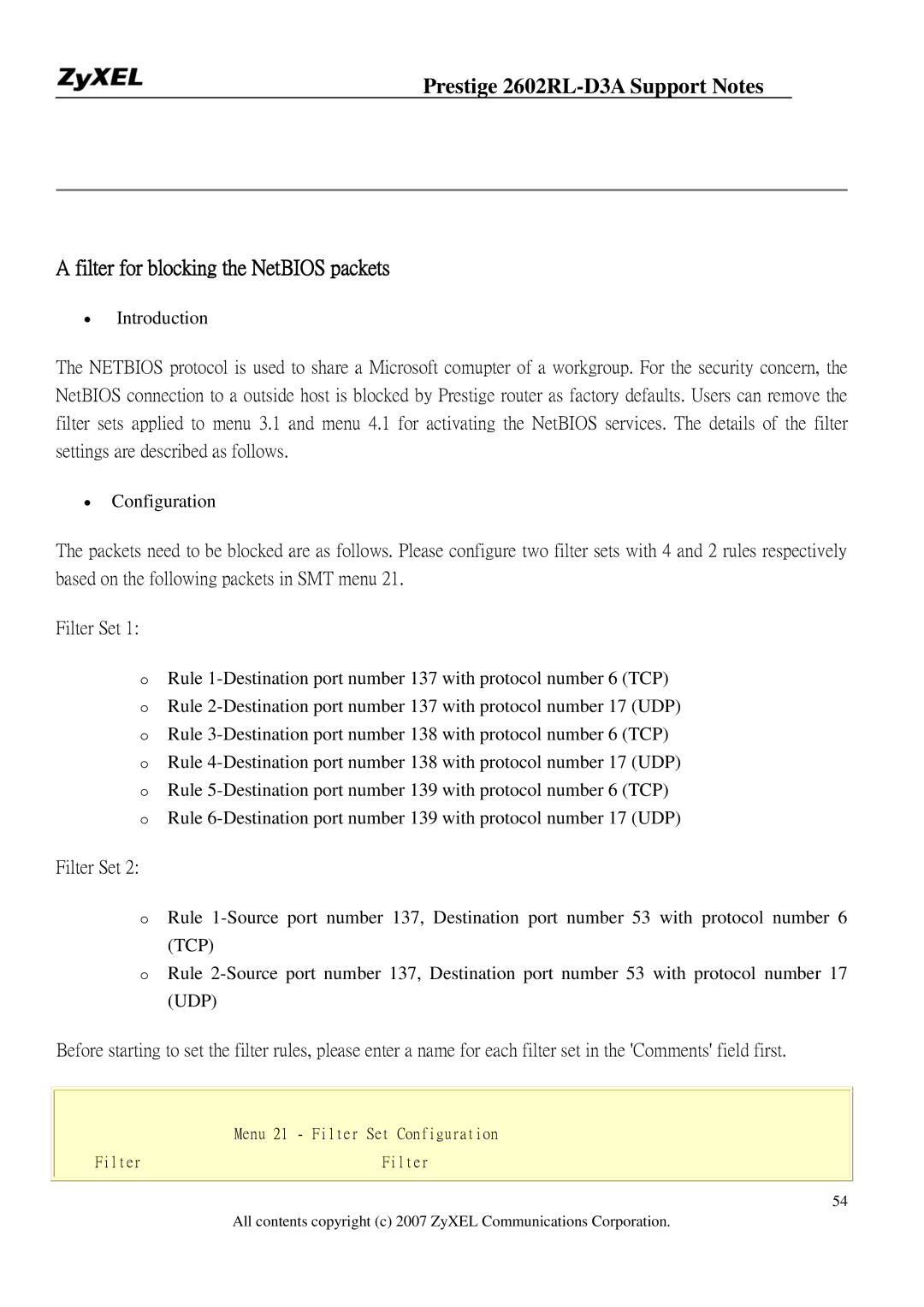 ZyXEL Communications 2602RL-D3A manual Filter for blocking the NetBIOS packets 