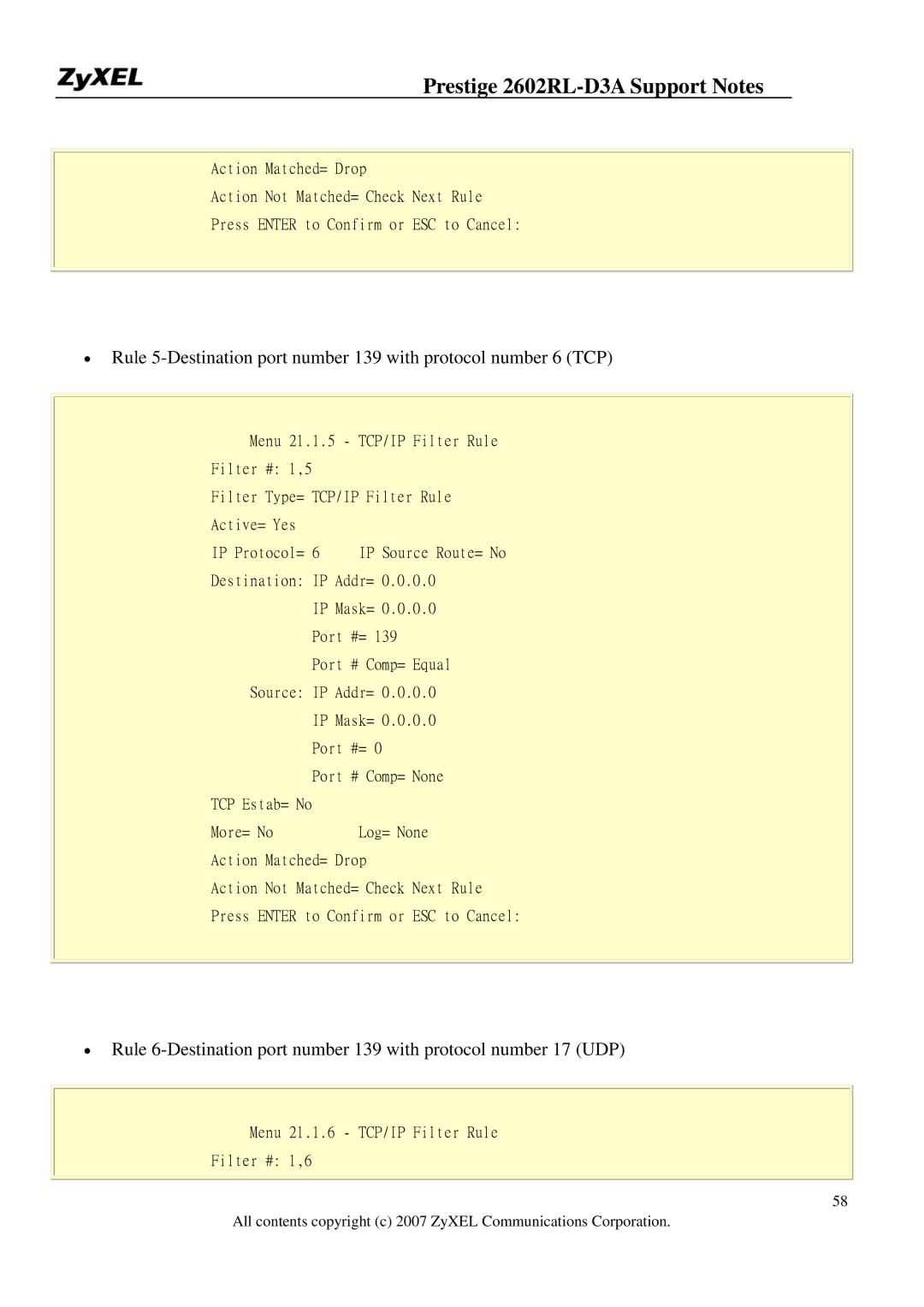 ZyXEL Communications 2602RL-D3A manual Menu 21.1.6 TCP/IP Filter Rule Filter # 1,6 