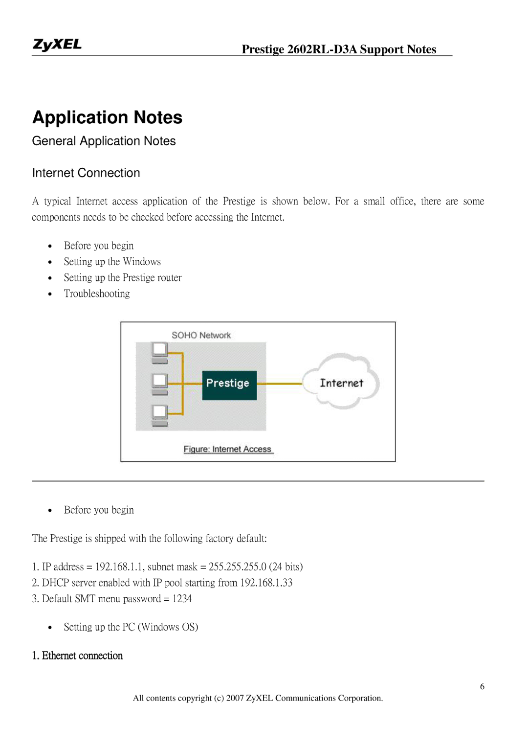 ZyXEL Communications 2602RL-D3A manual Application Notes, Ethernet connection 