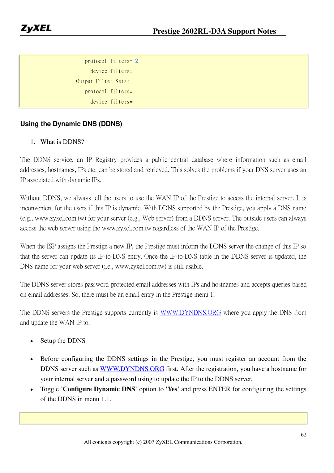 ZyXEL Communications 2602RL-D3A manual Using the Dynamic DNS Ddns 