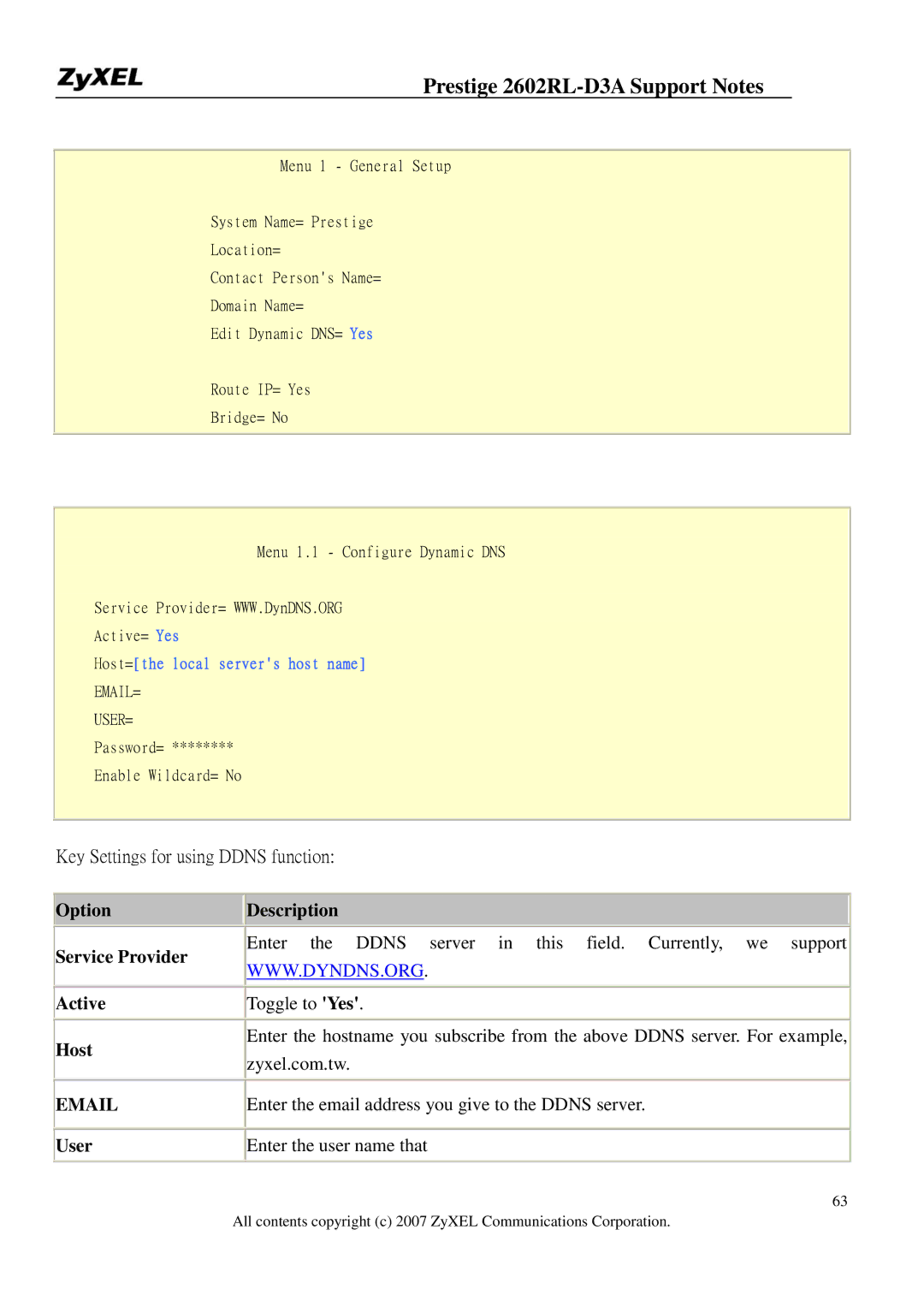 ZyXEL Communications 2602RL-D3A manual Key Settings for using Ddns function 