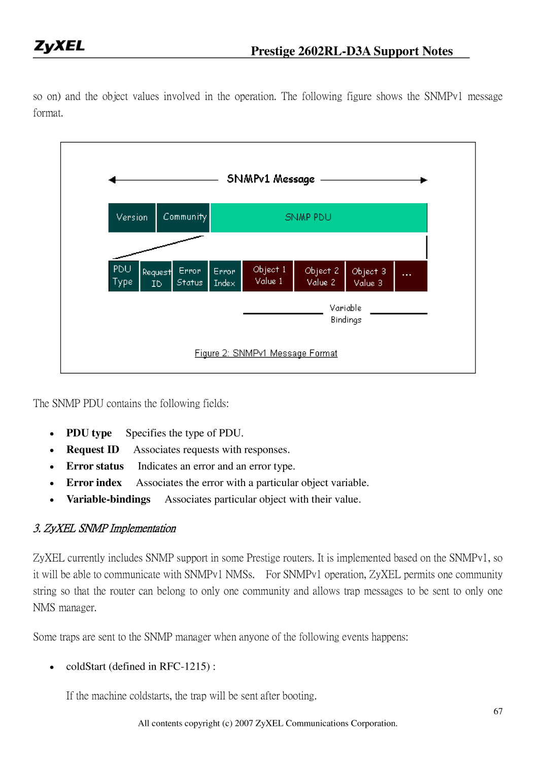 ZyXEL Communications 2602RL-D3A manual ZyXEL Snmp Implementation 