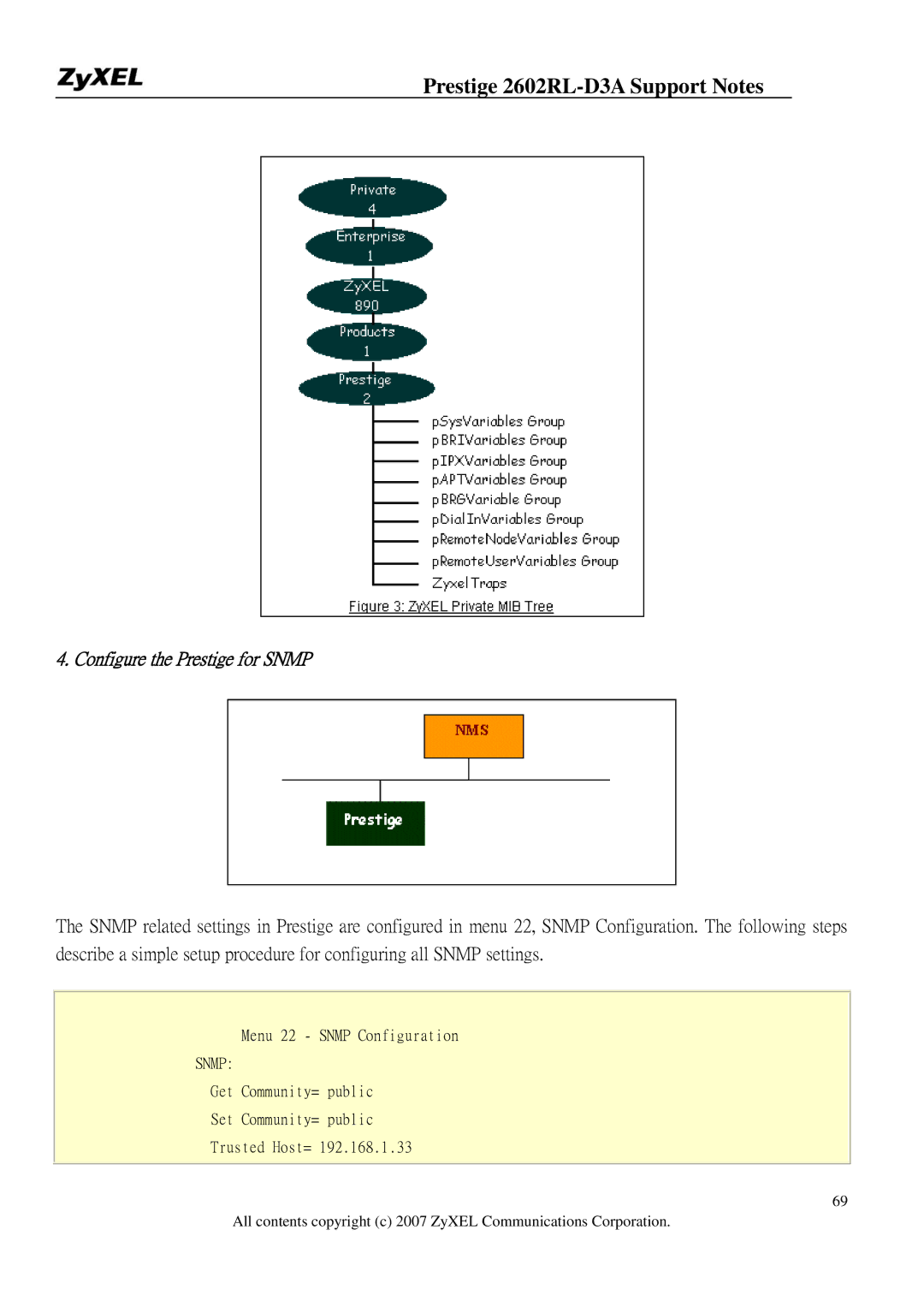 ZyXEL Communications 2602RL-D3A manual Configure the Prestige for Snmp 