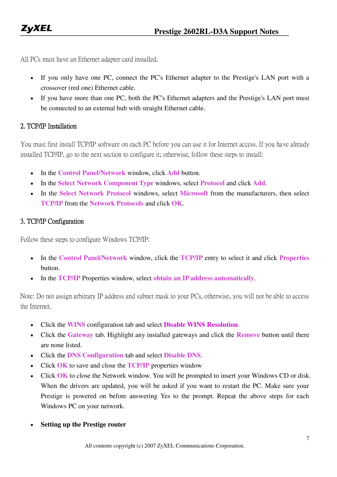 ZyXEL Communications 2602RL-D3A manual TCP/IP Installation, TCP/IP Configuration, ∙ Setting up the Prestige router 
