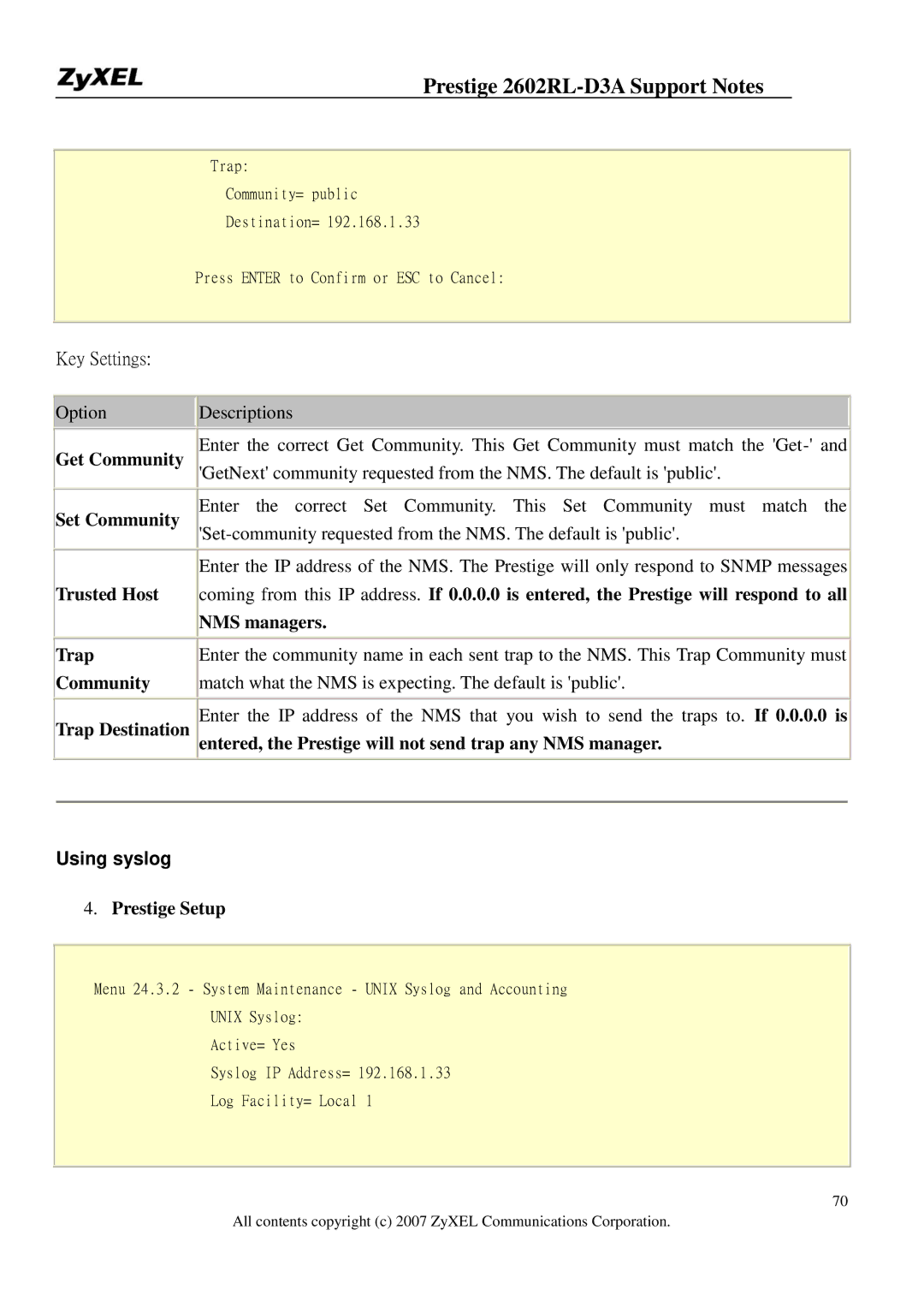 ZyXEL Communications 2602RL-D3A manual Using syslog 