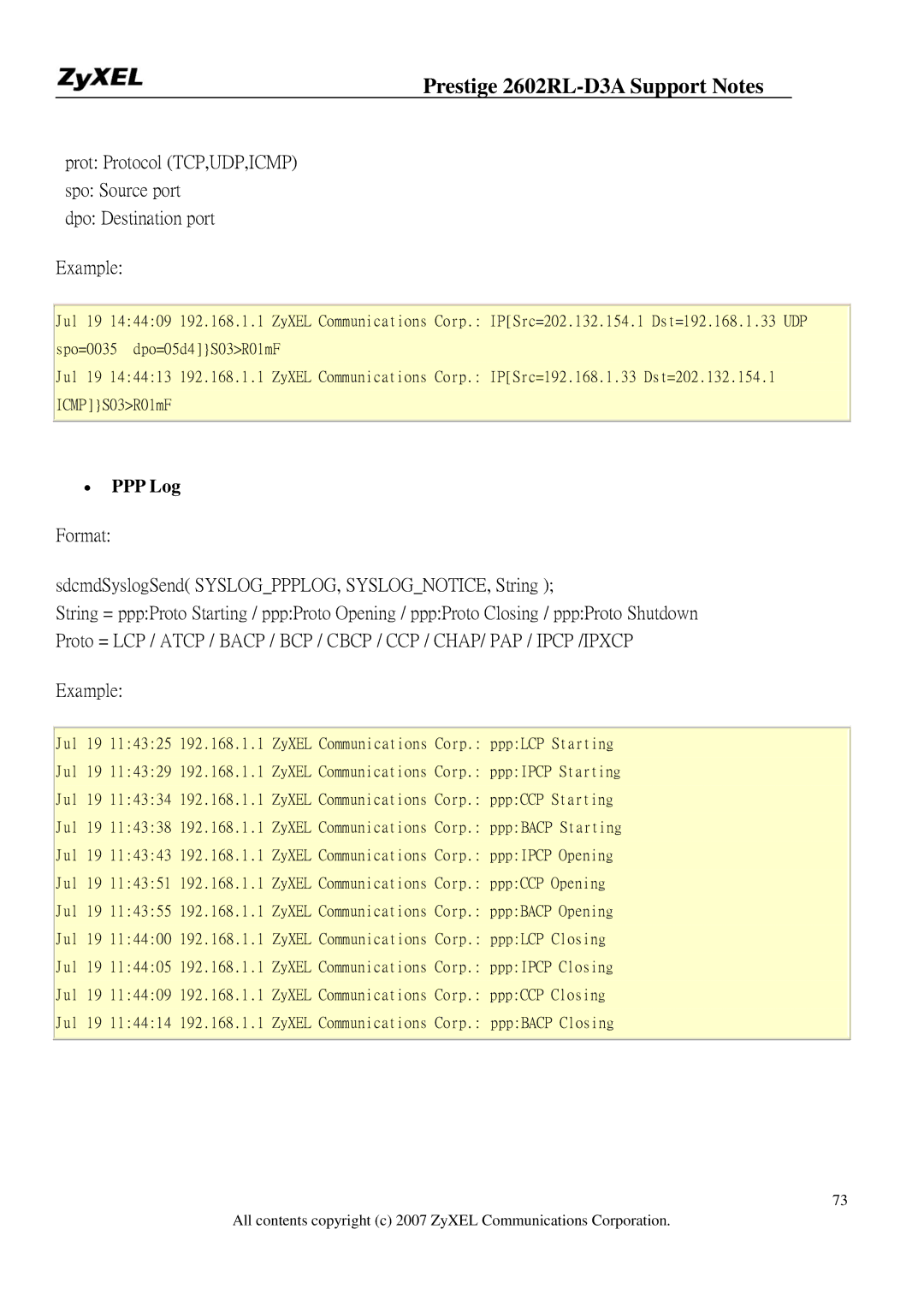 ZyXEL Communications 2602RL-D3A manual ∙ PPP Log, Format SdcmdSyslogSend SYSLOGPPPLOG, SYSLOGNOTICE, String 