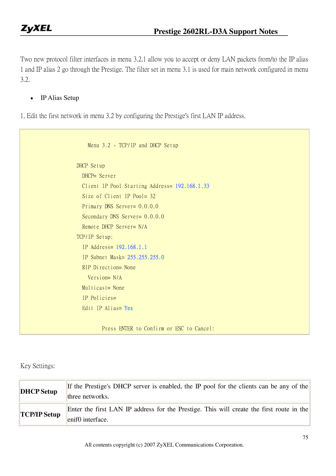 ZyXEL Communications 2602RL-D3A manual Key Settings, Dhcp Setup TCP/IP Setup 