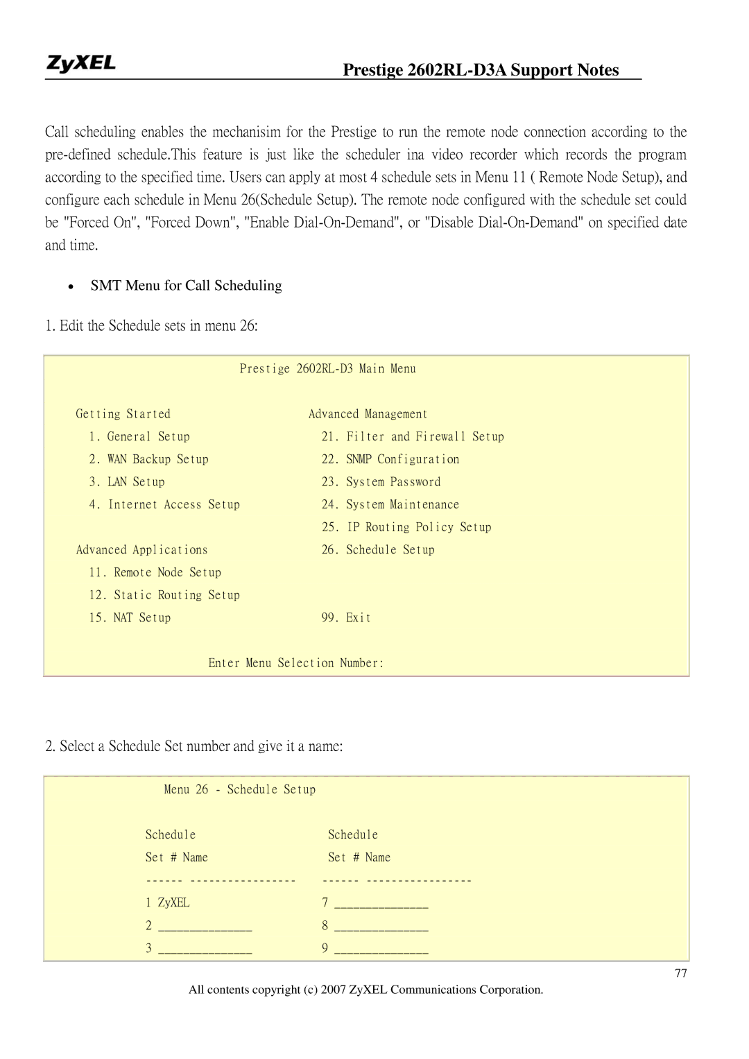 ZyXEL Communications 2602RL-D3A manual Edit the Schedule sets in menu, Select a Schedule Set number and give it a name 