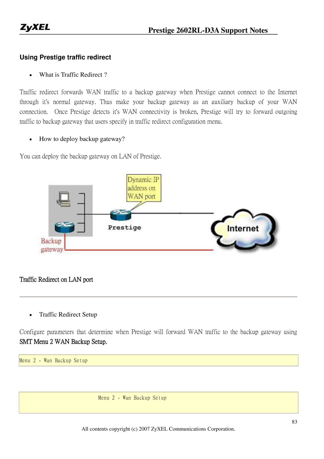 ZyXEL Communications 2602RL-D3A Using Prestige traffic redirect, You can deploy the backup gateway on LAN of Prestige 