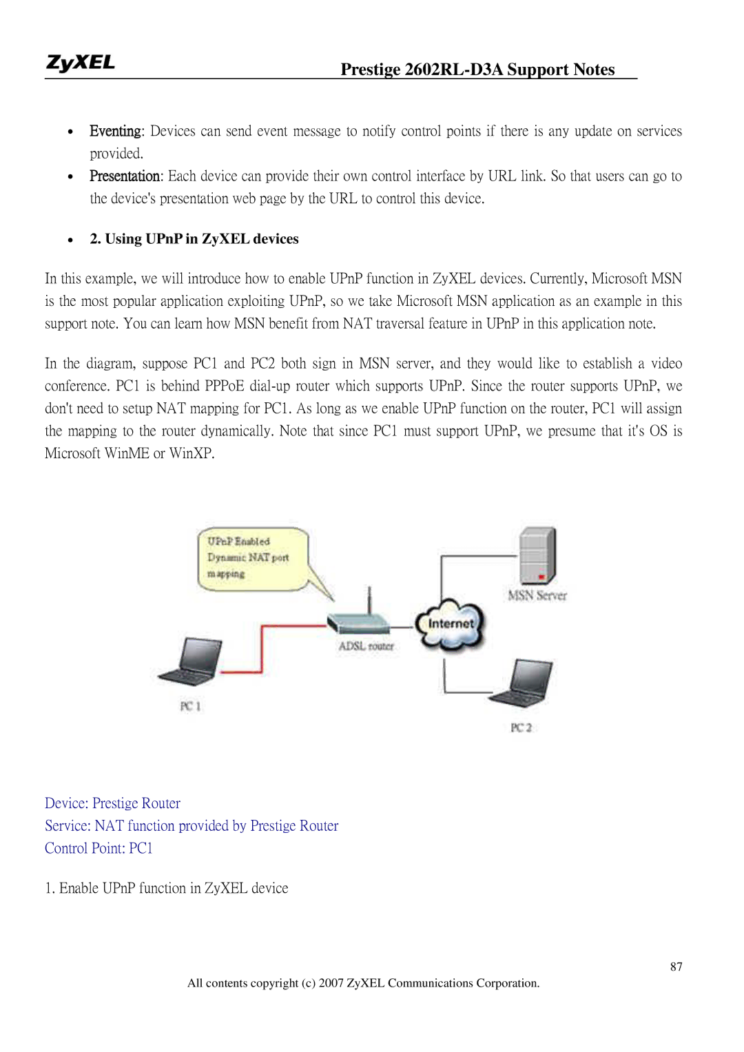 ZyXEL Communications 2602RL-D3A manual ∙ 2. Using UPnP in ZyXEL devices, Enable UPnP function in ZyXEL device 