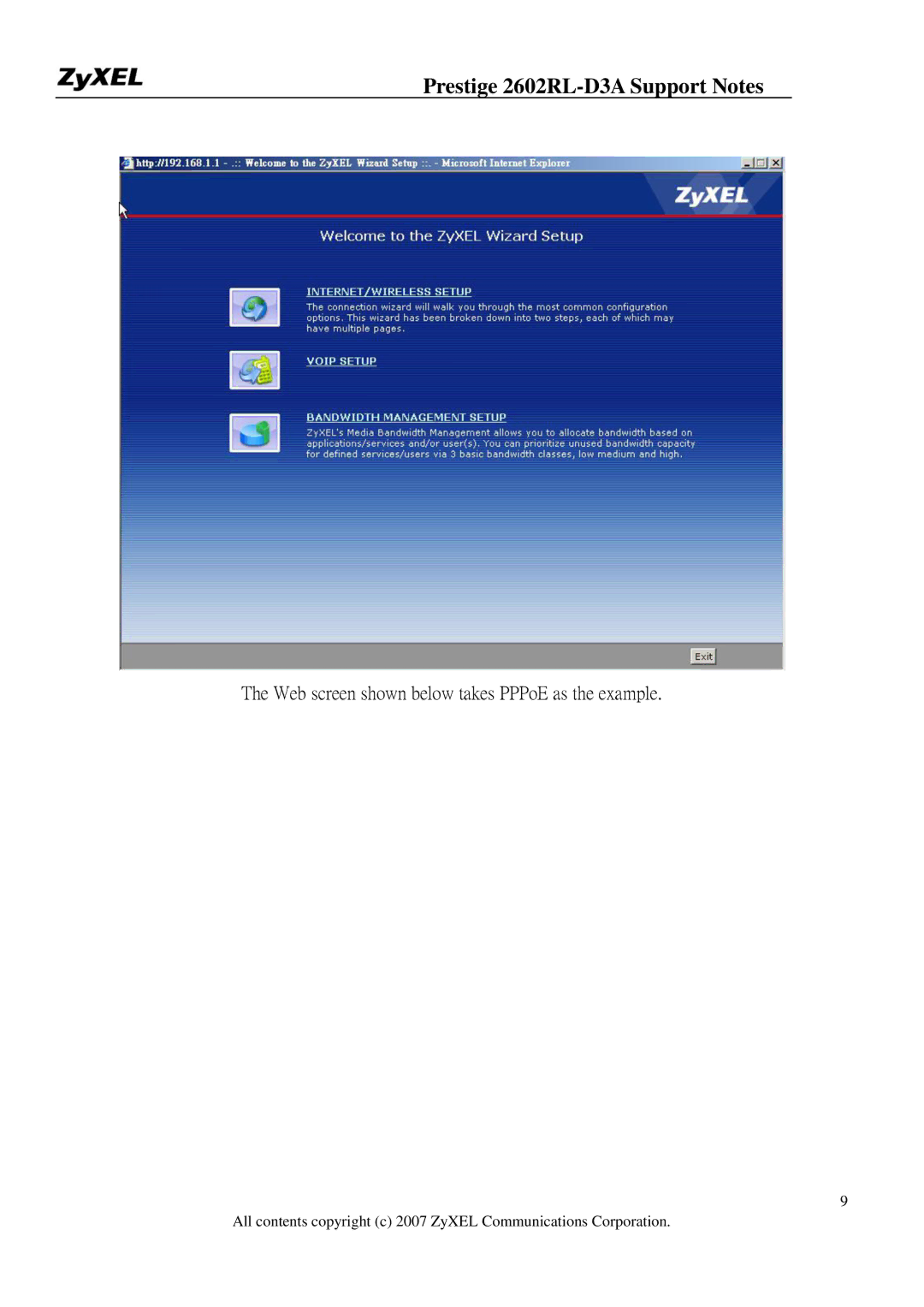 ZyXEL Communications 2602RL-D3A manual Web screen shown below takes PPPoE as the example 