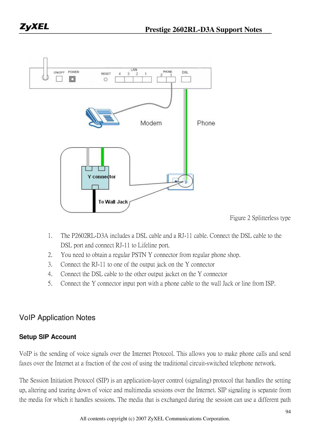 ZyXEL Communications 2602RL-D3A manual VoIP Application Notes, Setup SIP Account 