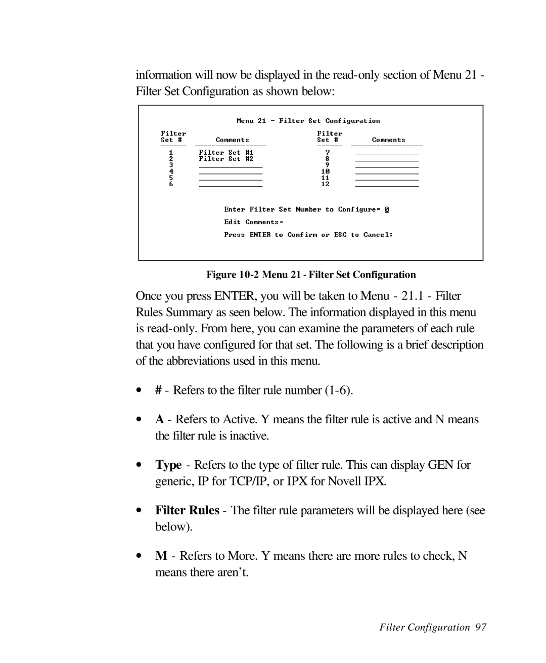 ZyXEL Communications 28641 user manual Menu 21 Filter Set Configuration 