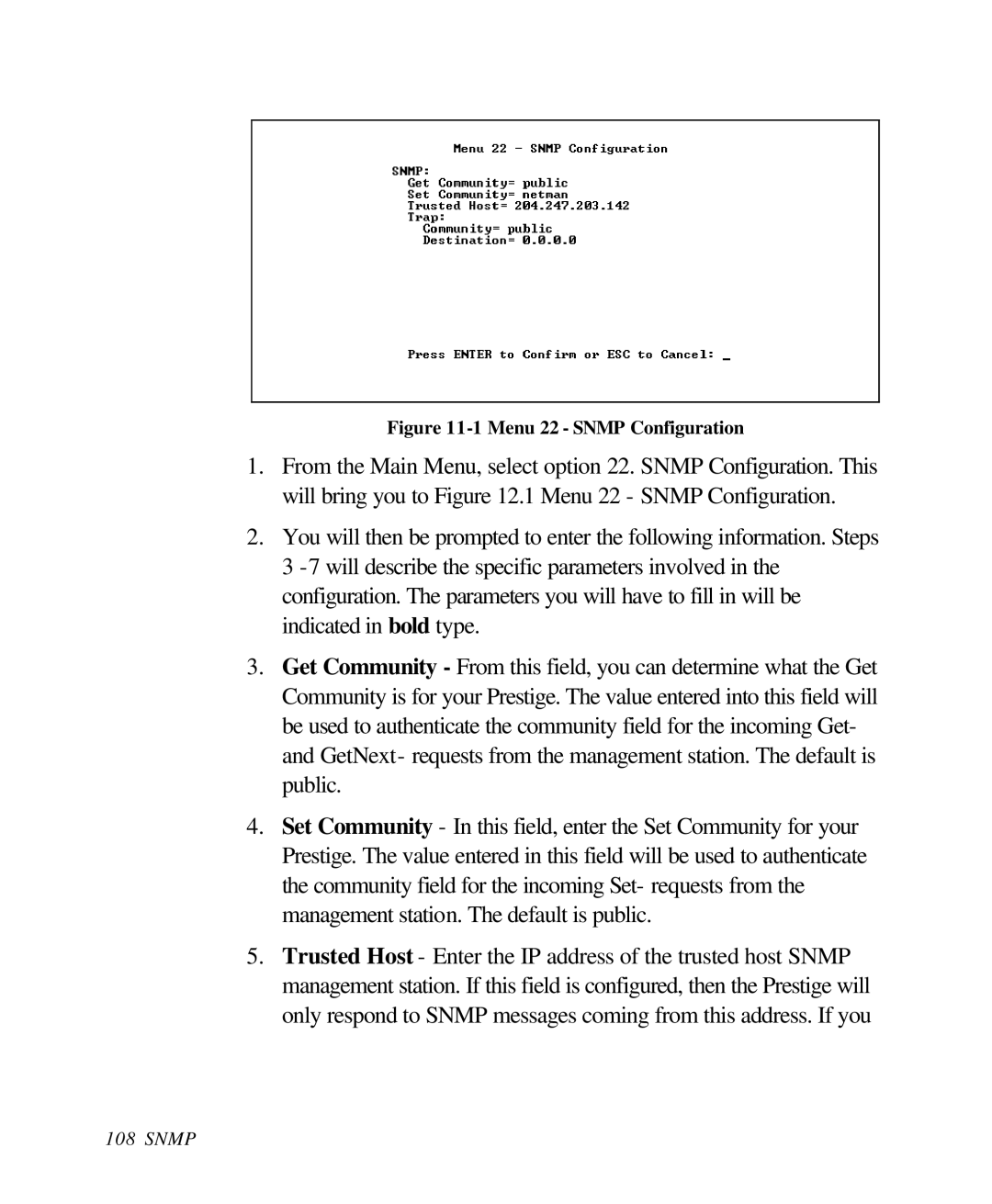 ZyXEL Communications 28641 user manual Menu 22 Snmp Configuration 