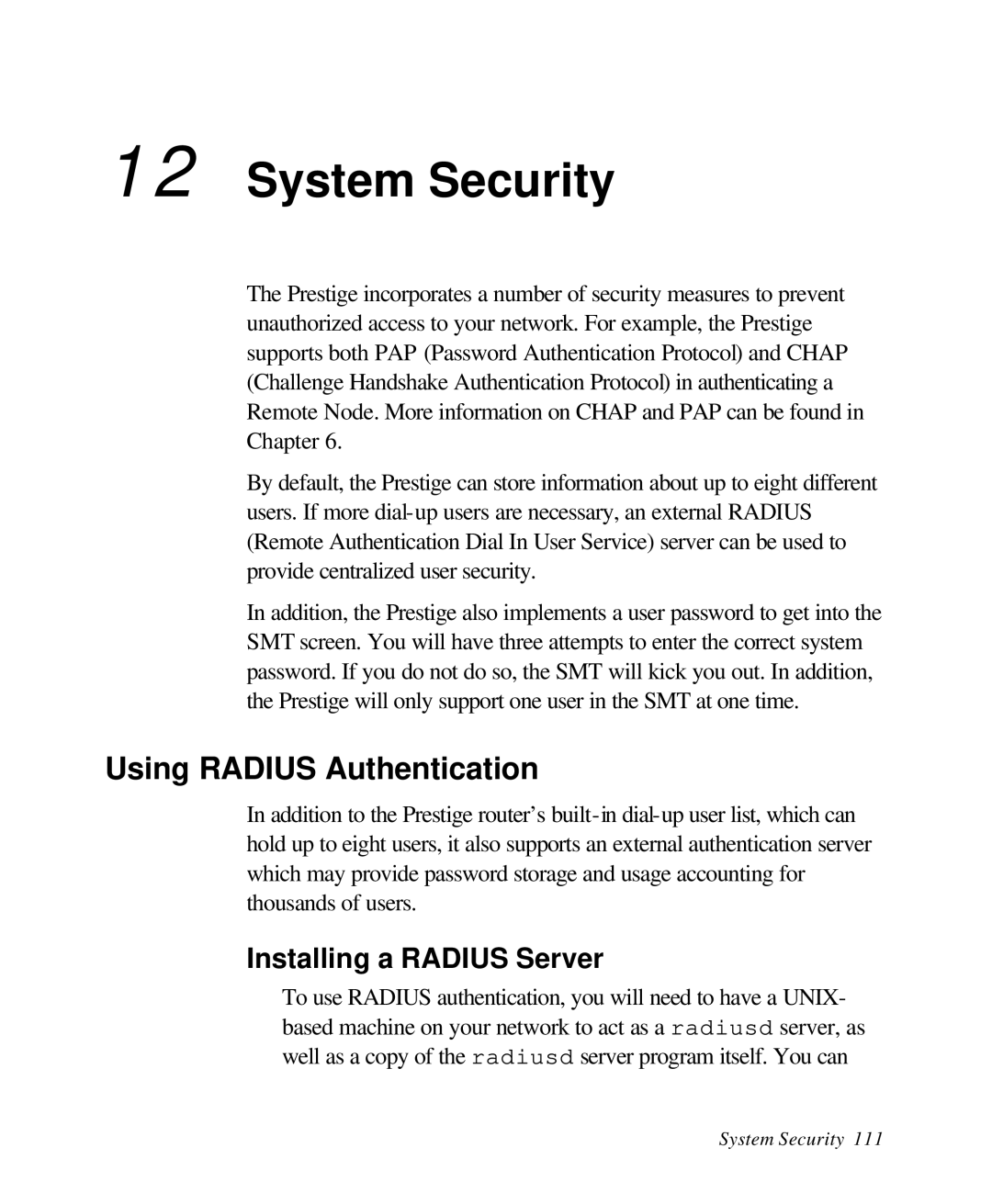 ZyXEL Communications 28641 user manual System Security, Using Radius Authentication, Installing a Radius Server 