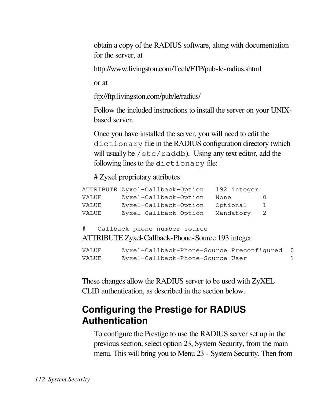 ZyXEL Communications 28641 user manual Configuring the Prestige for Radius Authentication 