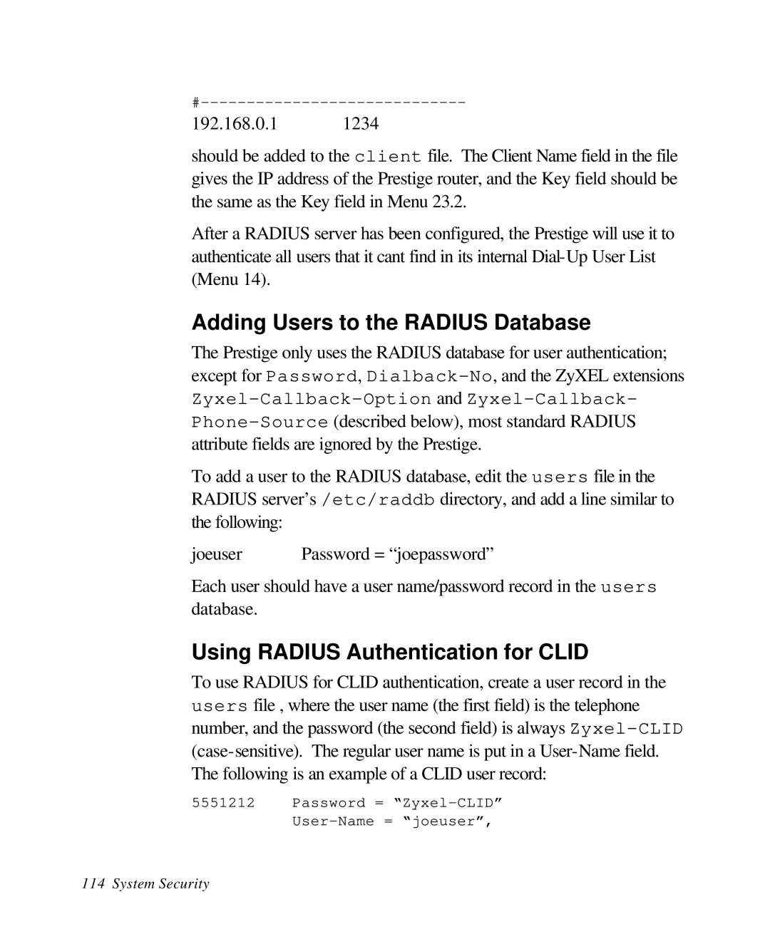 ZyXEL Communications 28641 user manual Adding Users to the Radius Database, Using Radius Authentication for Clid 