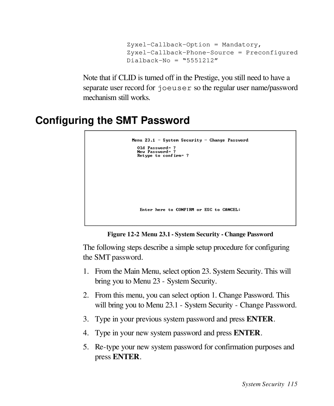 ZyXEL Communications 28641 user manual Configuring the SMT Password, Menu 23.1 System Security Change Password 