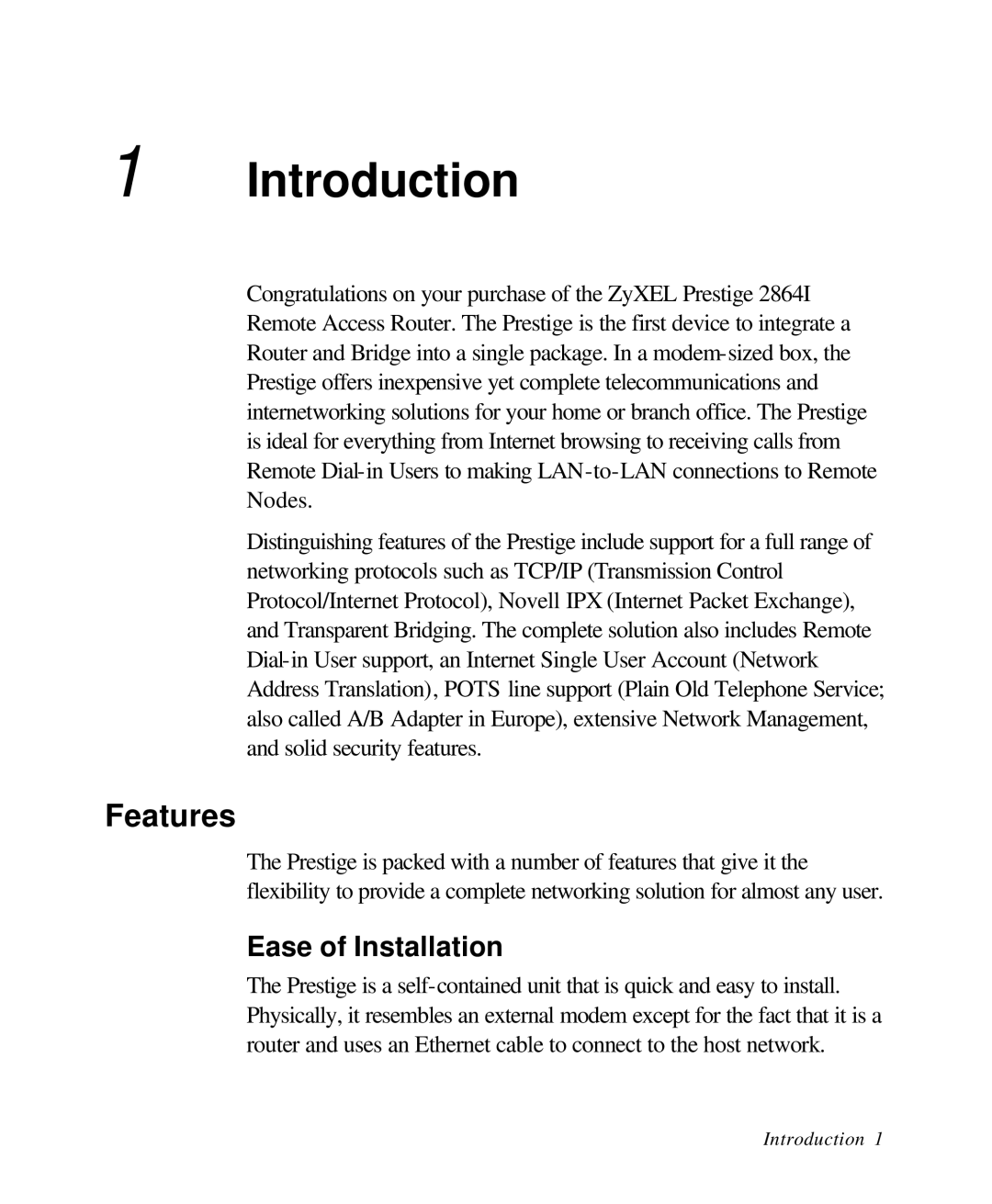 ZyXEL Communications 28641 user manual Introduction, Features, Ease of Installation 