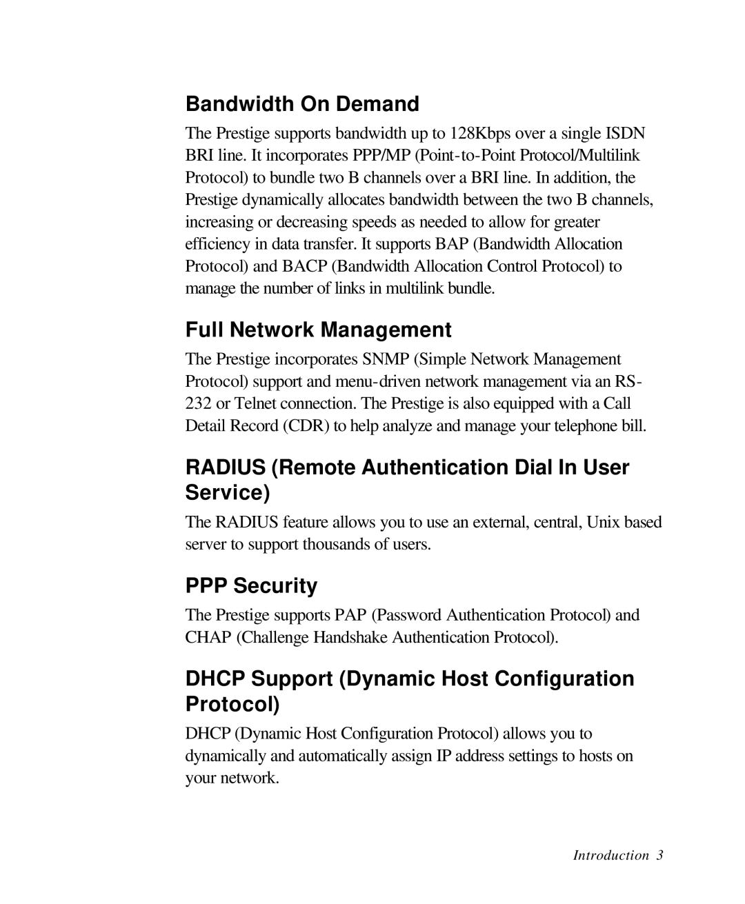 ZyXEL Communications 28641 Bandwidth On Demand, Full Network Management, Radius Remote Authentication Dial In User Service 