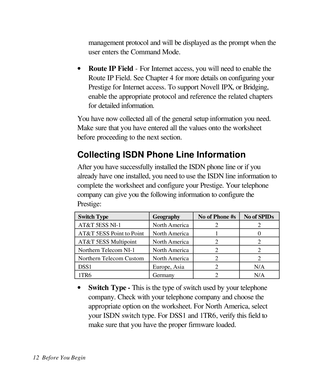 ZyXEL Communications 28641 Collecting Isdn Phone Line Information, Switch Type Geography No of Phone #s No of SPIDs 