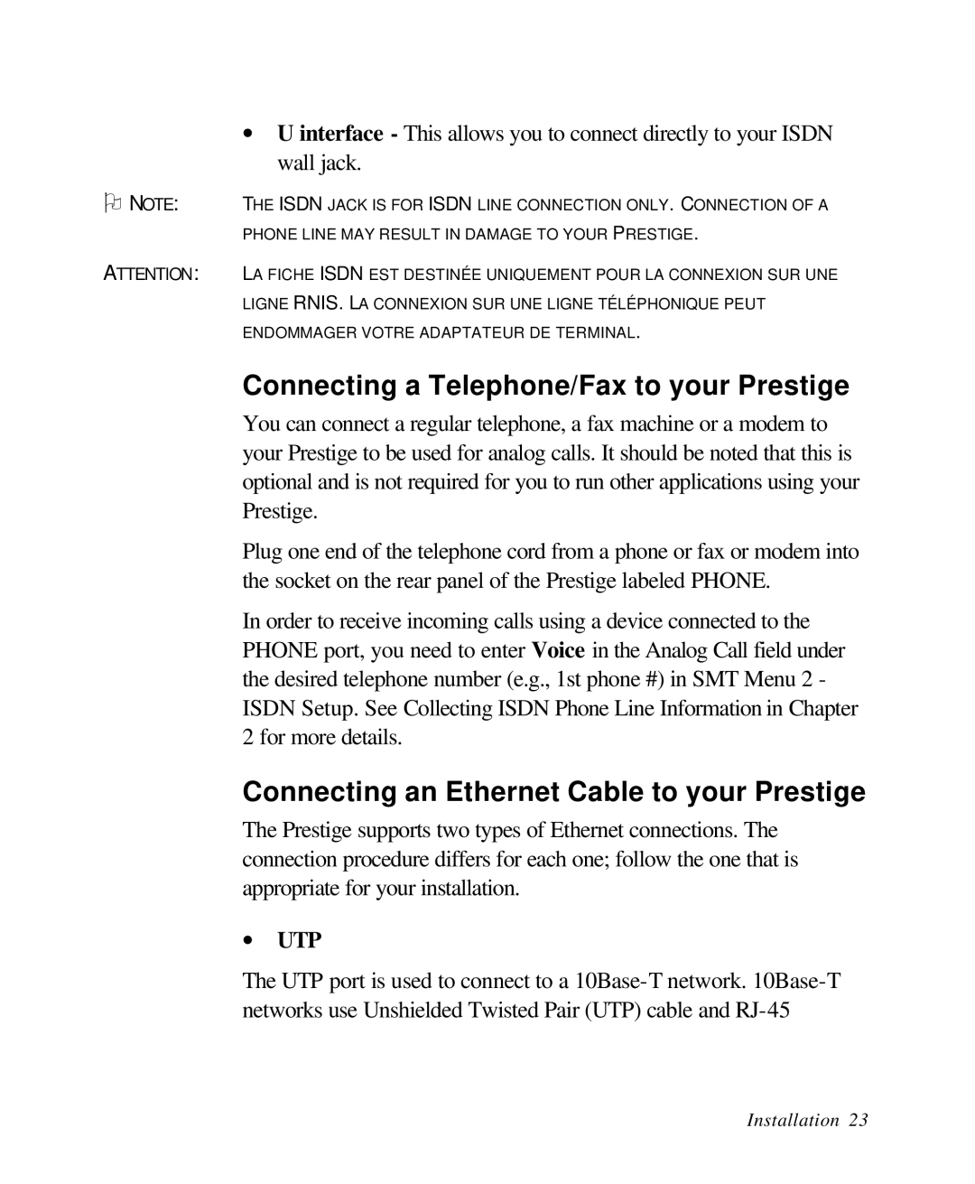 ZyXEL Communications 28641 Connecting a Telephone/Fax to your Prestige, Connecting an Ethernet Cable to your Prestige 