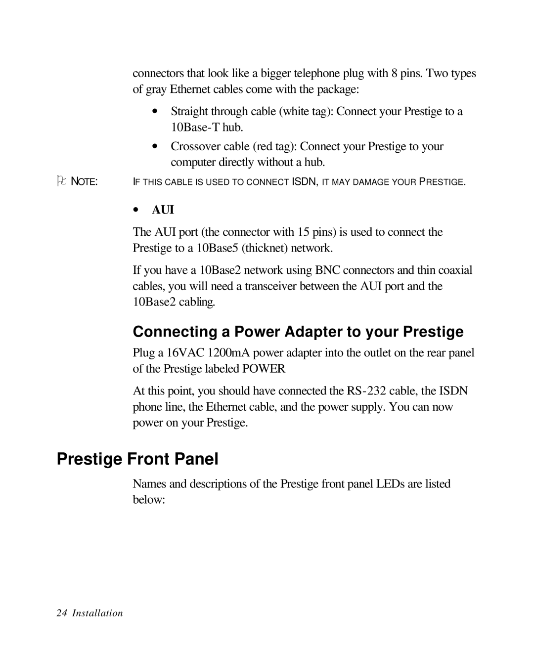 ZyXEL Communications 28641 user manual Prestige Front Panel, Connecting a Power Adapter to your Prestige 