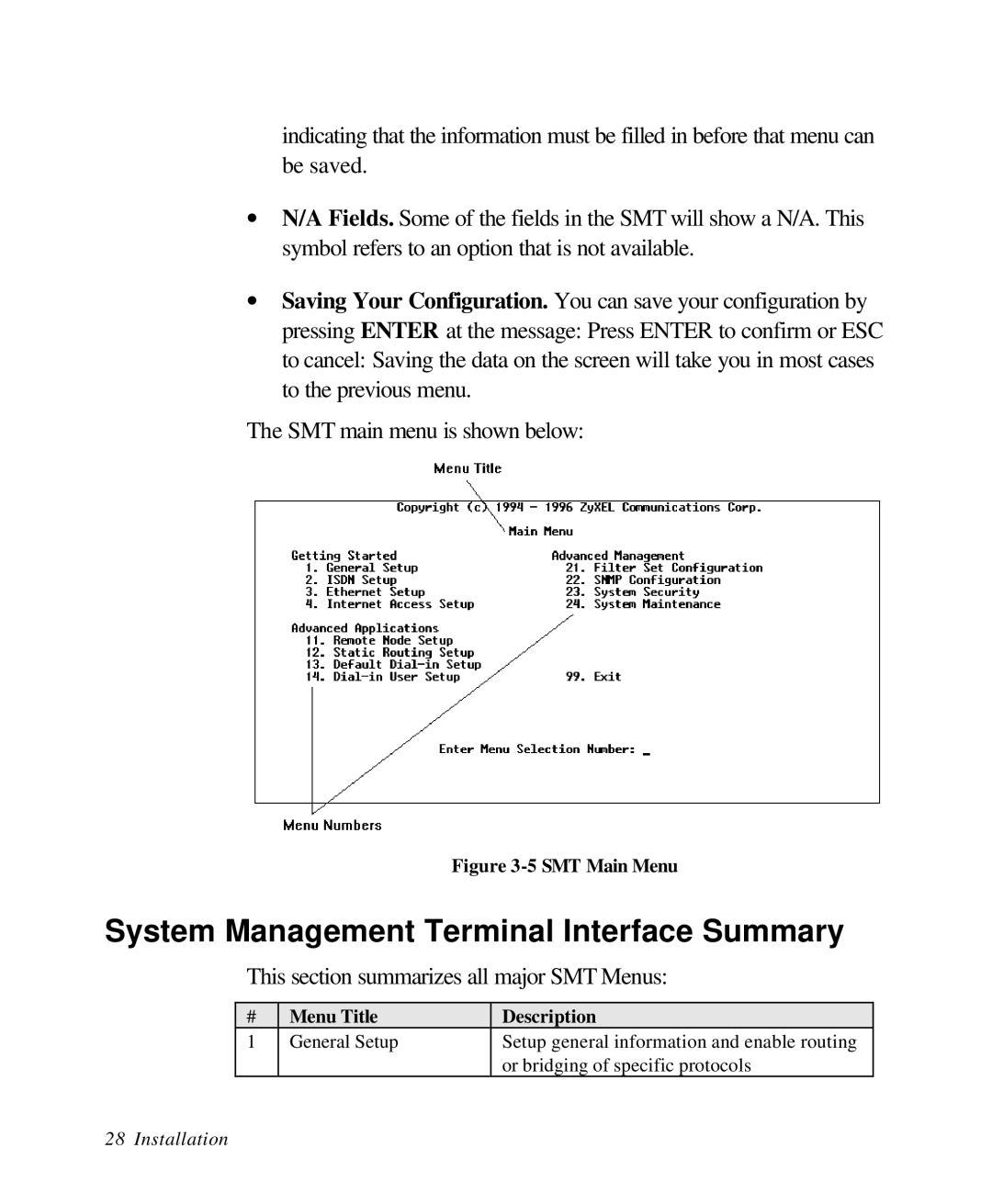 ZyXEL Communications 28641 System Management Terminal Interface Summary, This section summarizes all major SMT Menus 