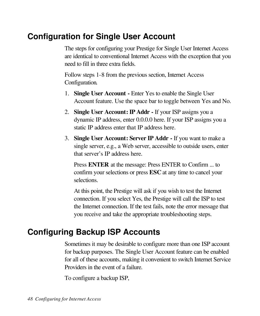 ZyXEL Communications 28641 user manual Configuration for Single User Account, Configuring Backup ISP Accounts 