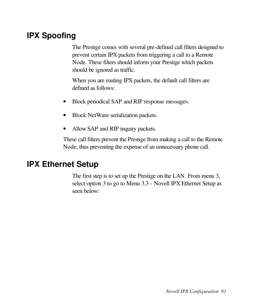 ZyXEL Communications 28641 user manual IPX Spoofing, IPX Ethernet Setup 