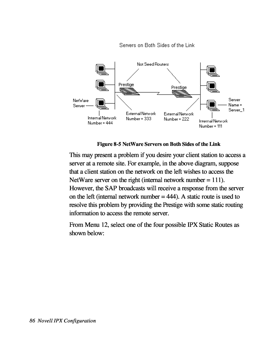 ZyXEL Communications 28641 user manual 5 NetWare Servers on Both Sides of the Link, Novell IPX Configuration 