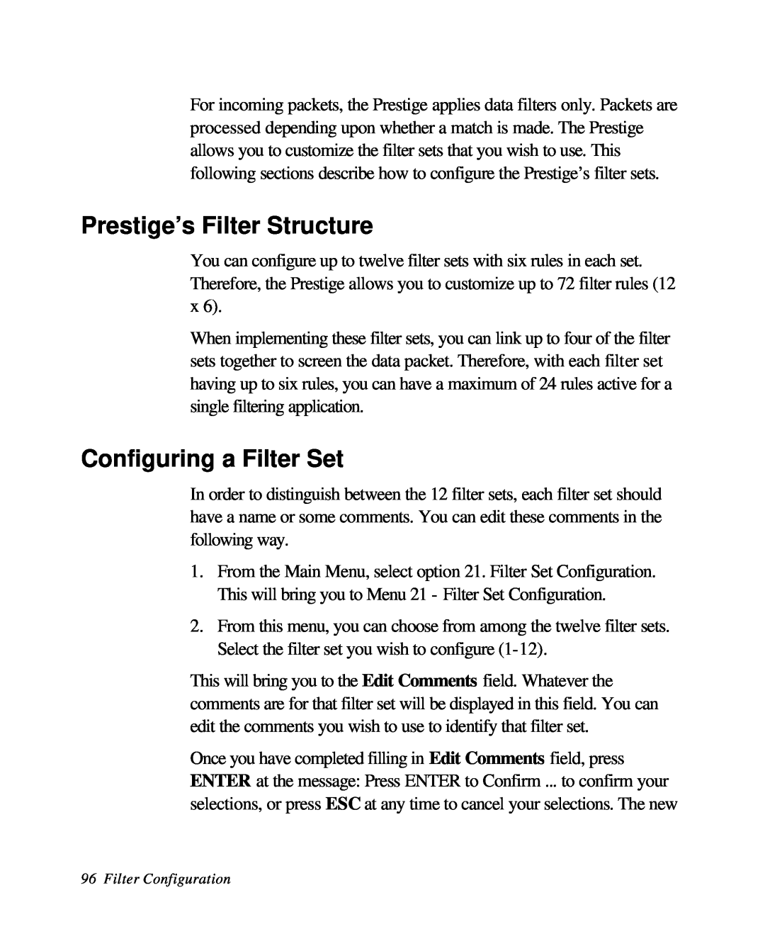 ZyXEL Communications 28641 user manual Prestige’s Filter Structure, Configuring a Filter Set, Filter Configuration 