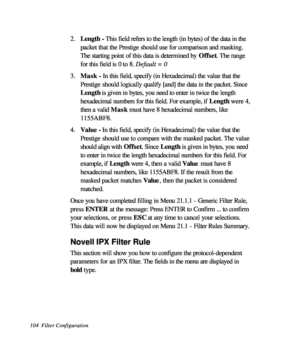 ZyXEL Communications 28641 user manual Novell IPX Filter Rule, Filter Configuration 
