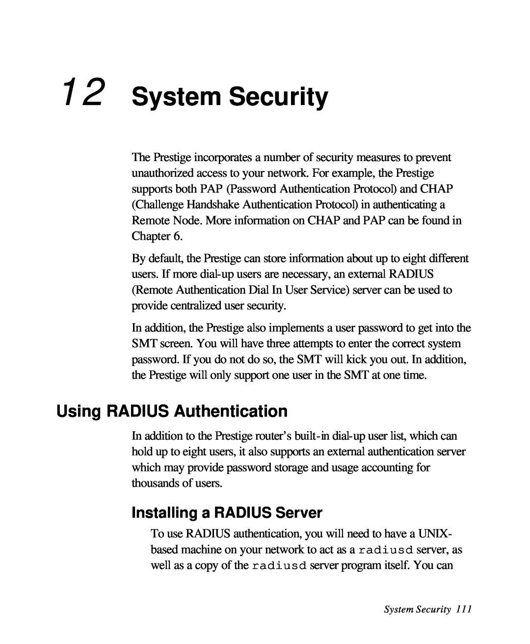 ZyXEL Communications 28641 user manual System Security, Using RADIUS Authentication, Installing a RADIUS Server 