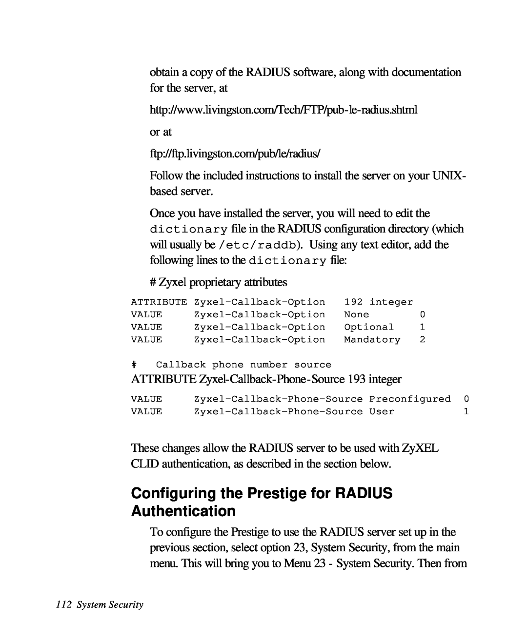 ZyXEL Communications 28641 user manual Configuring the Prestige for RADIUS Authentication 