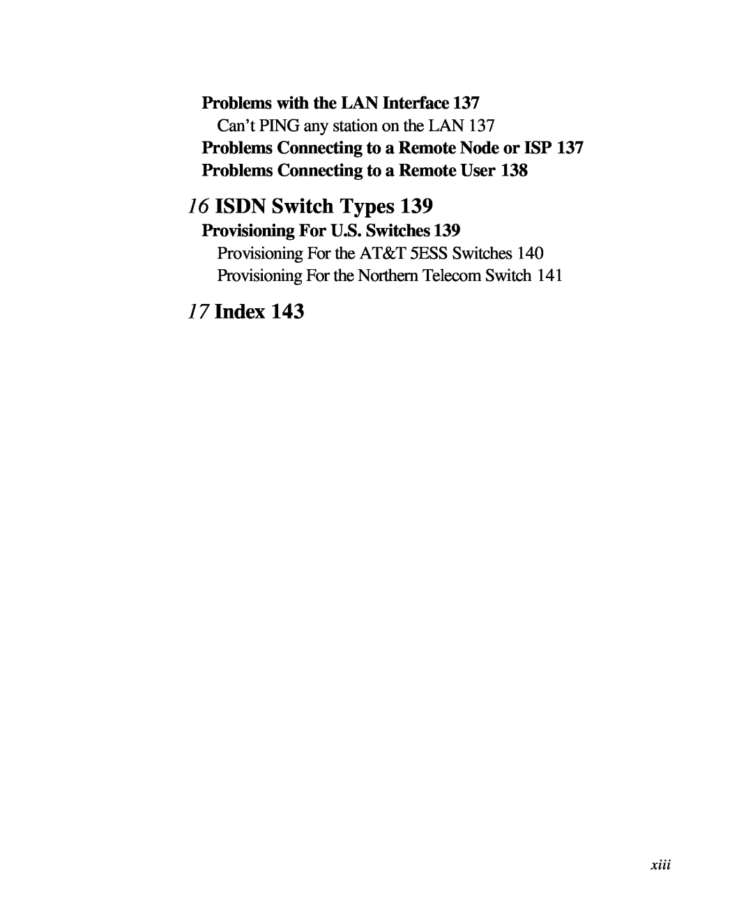 ZyXEL Communications 28641 ISDN Switch Types, Index, Problems with the LAN Interface, Provisioning For U.S. Switches, xiii 