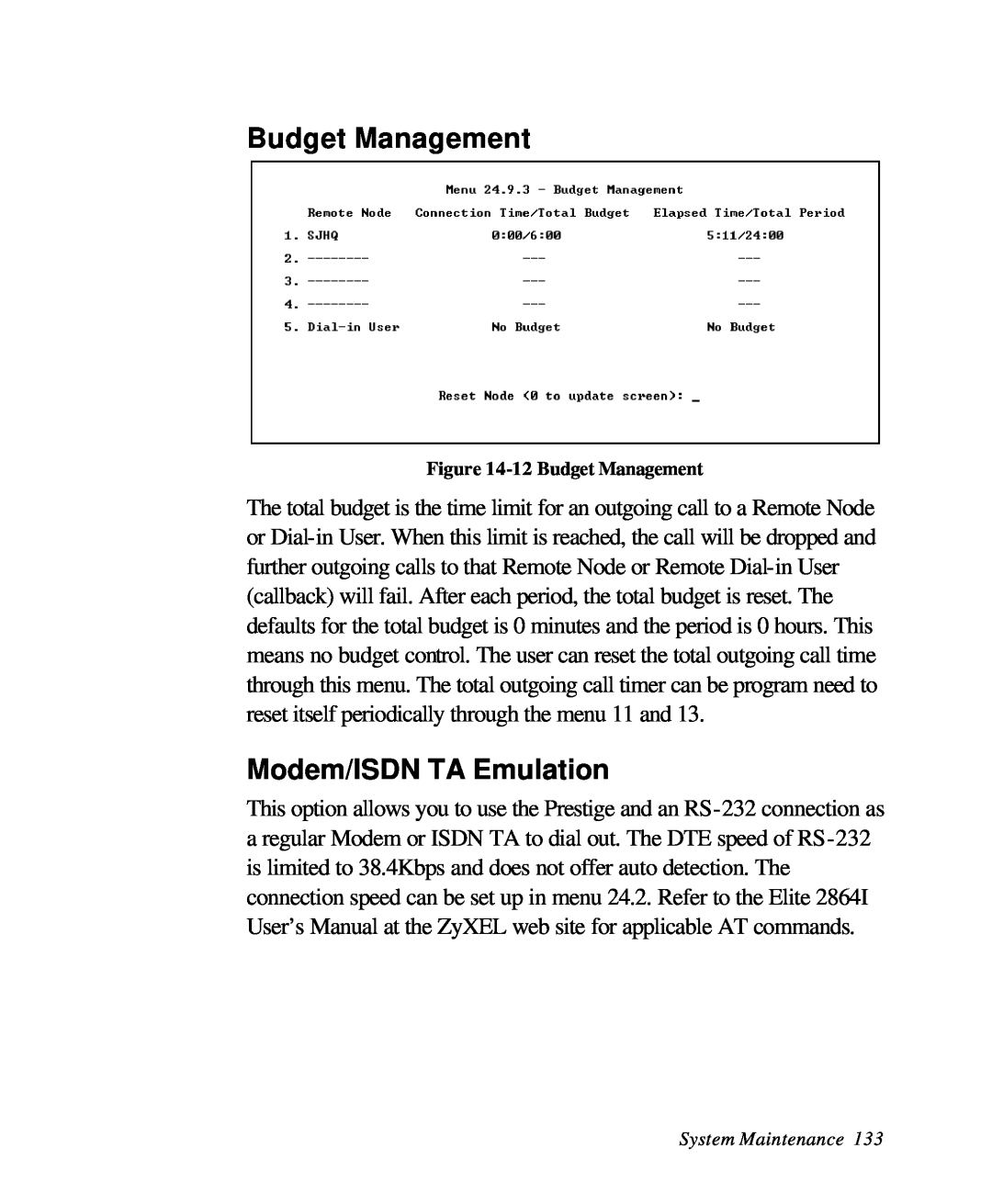 ZyXEL Communications 28641 user manual Modem/ISDN TA Emulation, 12 Budget Management 