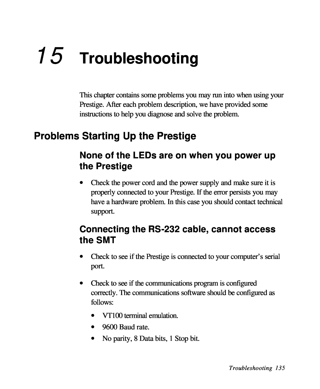 ZyXEL Communications 28641 user manual Troubleshooting, Problems Starting Up the Prestige 