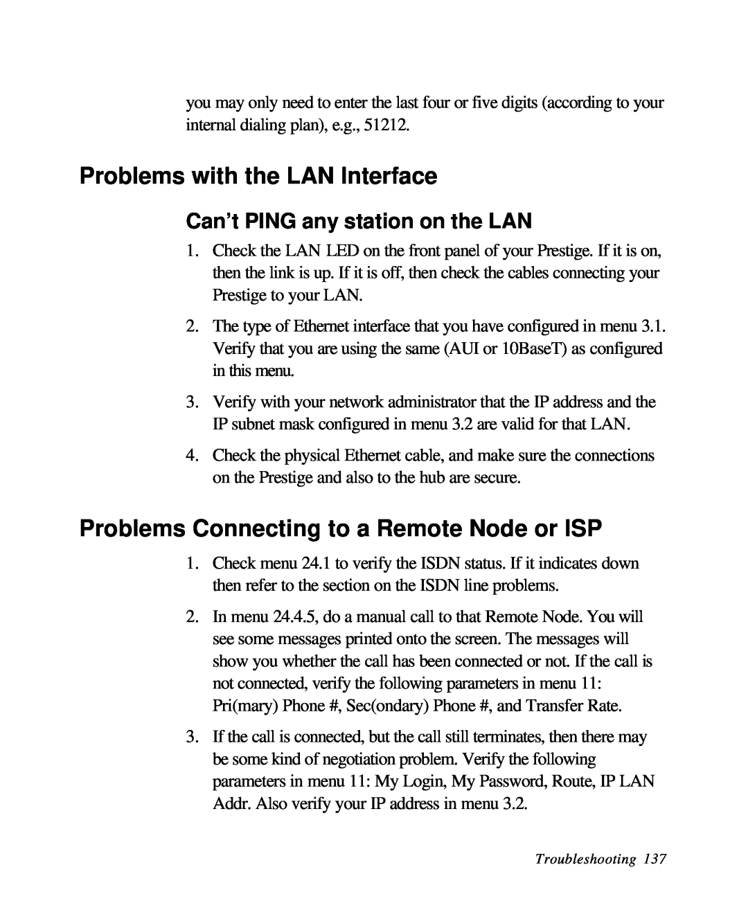 ZyXEL Communications 28641 user manual Problems with the LAN Interface, Problems Connecting to a Remote Node or ISP 