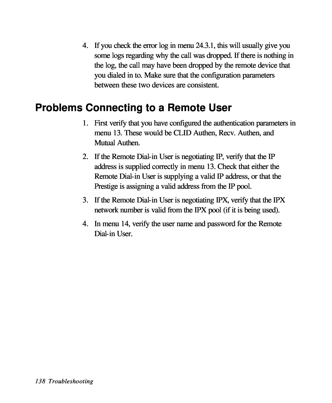 ZyXEL Communications 28641 user manual Problems Connecting to a Remote User, Troubleshooting 