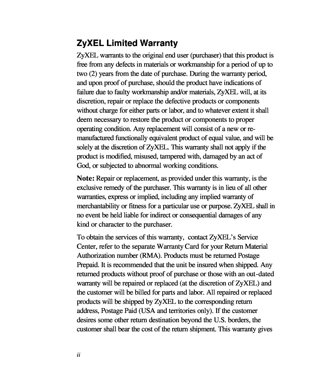 ZyXEL Communications 28641 user manual ZyXEL Limited Warranty 